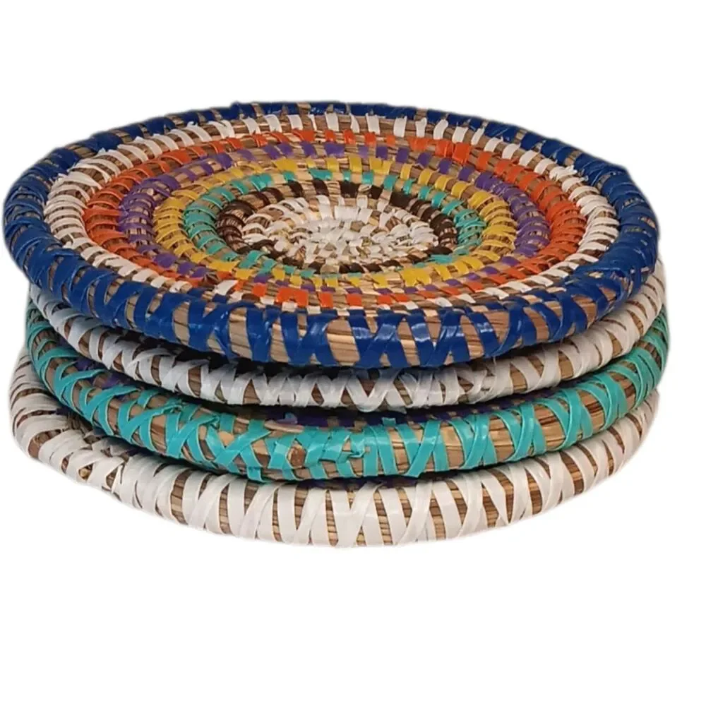 Large Colorful Woven Coasters Rattan And Plastic Multicolor 5.5